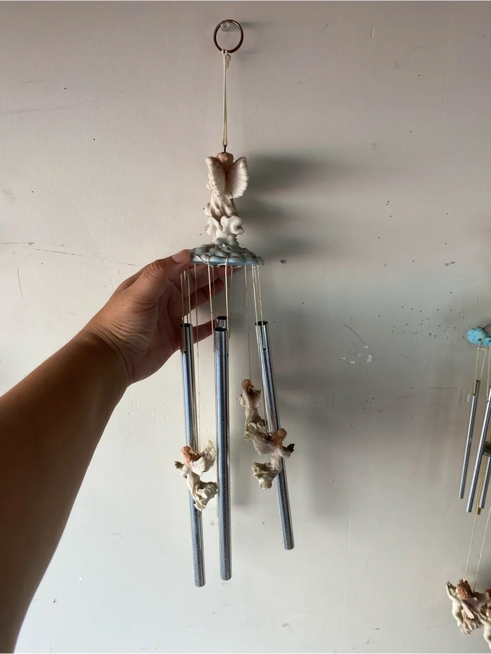 Vintage Resin Angel Holding Baby Wind Chime Cloud Stars Cherub Decor